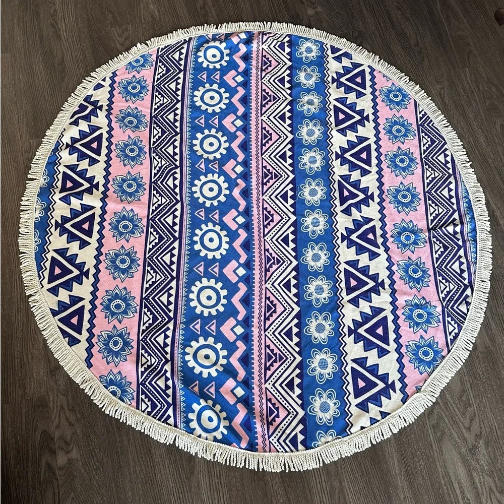 Geometric Blue and Pink Round Fringe Beach Towl